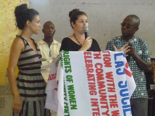 Leigh speaks at an International Women's Day event in Ghana.