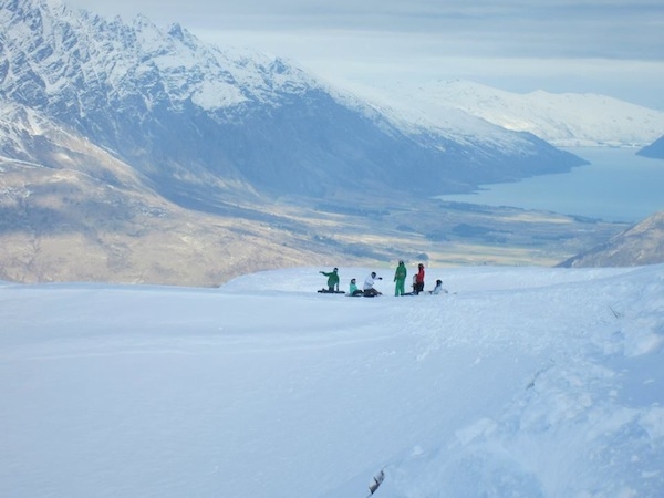 Taylor and friends skiing on the Back Bowls at Coronet Peak. (Photo credit: David Hunt.)