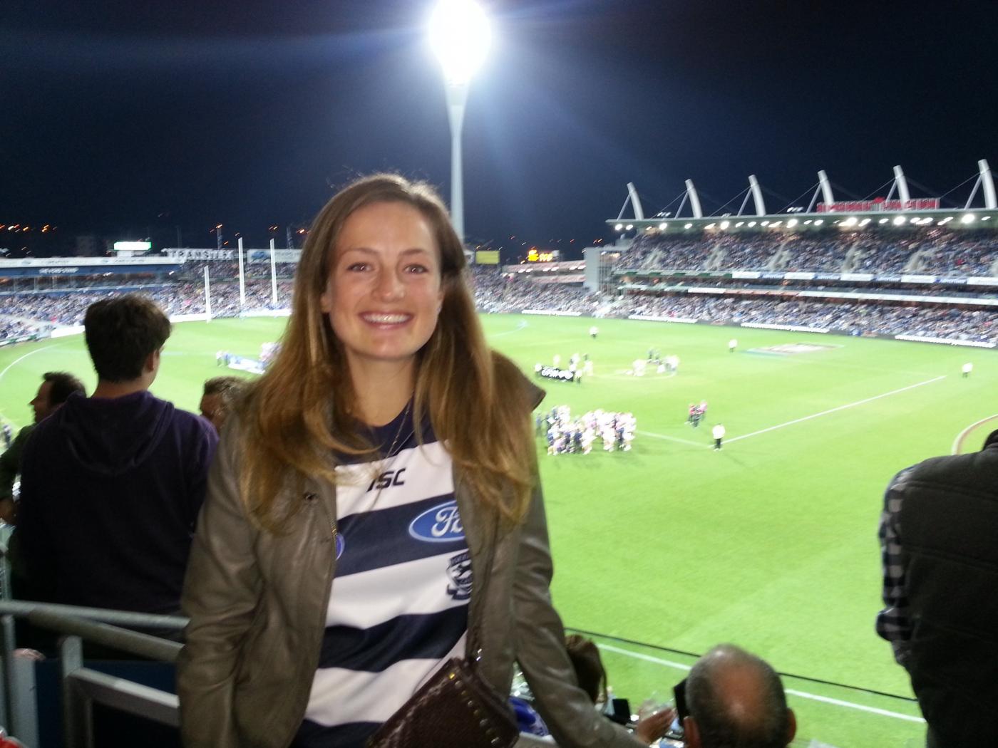 Taylor at the Aussie Rules Football game.