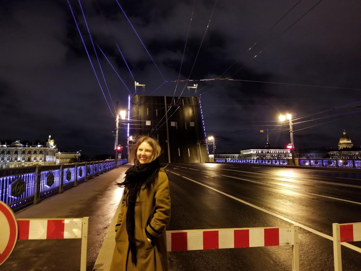 Katrina by St. Petersburg&#039;s signature splitting bridges over the Neva River.